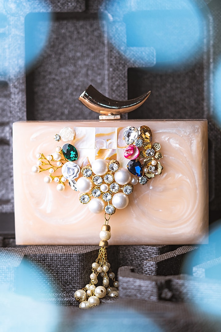 Beige & White Resin Embellished Box Clutch by NR By Nidhi Rathi at Pernia's Pop Up Shop