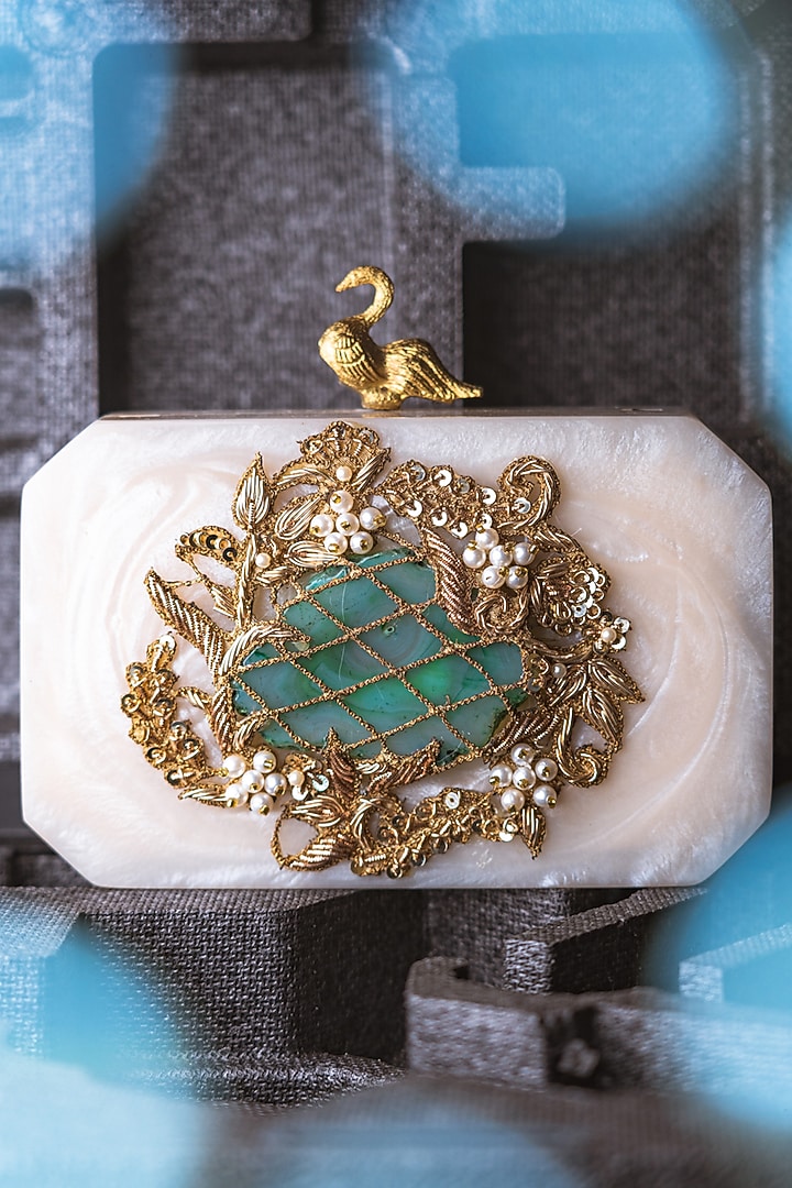 Beige & Gold Resin Embellished Box Clutch by NR By Nidhi Rathi at Pernia's Pop Up Shop