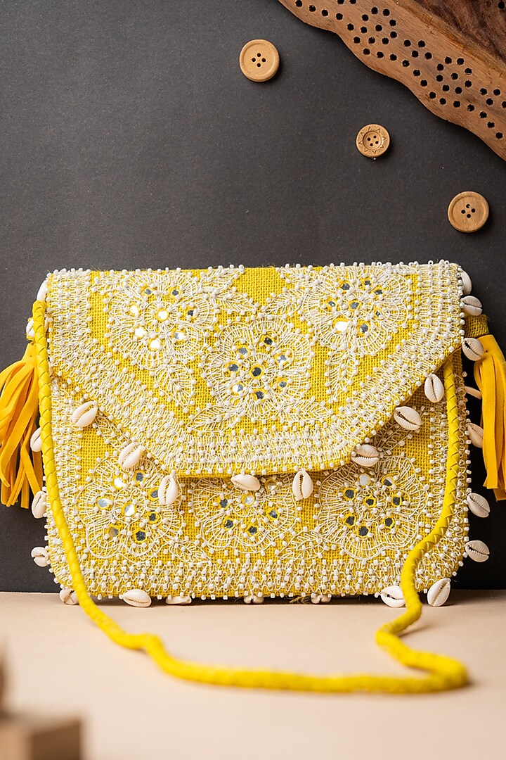 Yellow & White Jute Embroidered Envelope Clutch by NR By Nidhi Rathi at Pernia's Pop Up Shop