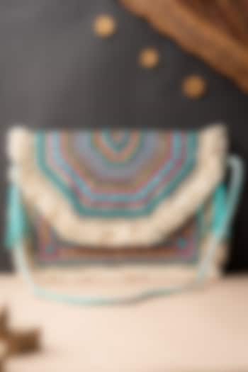 Turquoise Blue & Beige Canvas Embroidered Clutch by NR By Nidhi Rathi at Pernia's Pop Up Shop
