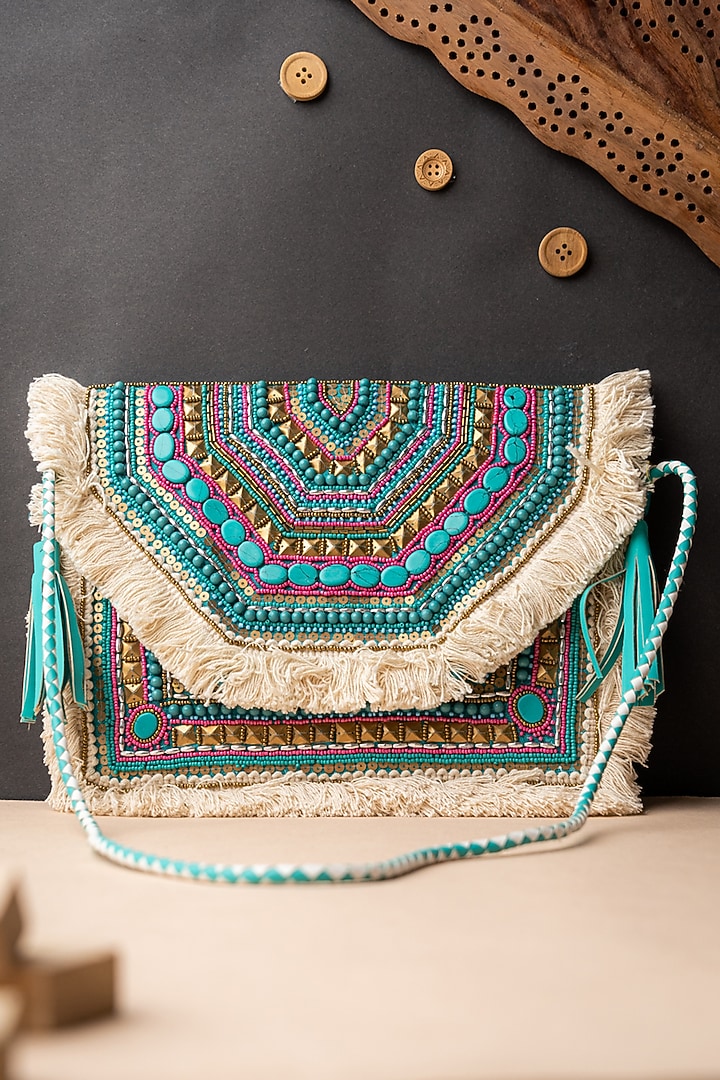 Turquoise Blue & Beige Canvas Embroidered Clutch by NR By Nidhi Rathi at Pernia's Pop Up Shop
