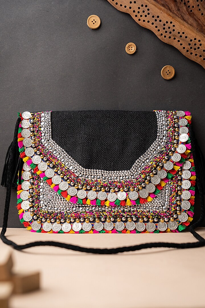 Beige & Black Jute Embroidered Clutch by NR By Nidhi Rathi