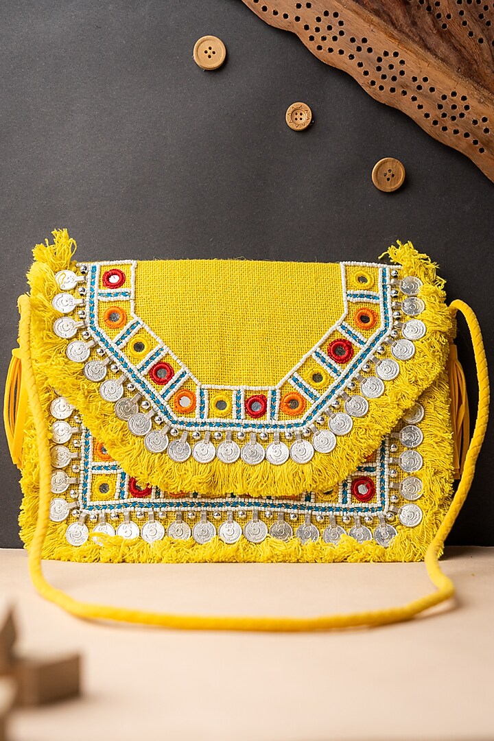 Yellow & Blue Jute Embroidered Clutch by NR By Nidhi Rathi at Pernia's Pop Up Shop