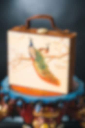 Beige & Green Satin Printed Box Clutch by NR By Nidhi Rathi at Pernia's Pop Up Shop