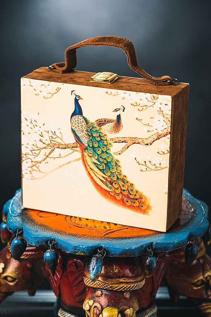 Beige & Green Satin Printed Box Clutch by NR By Nidhi Rathi at Pernia's Pop Up Shop