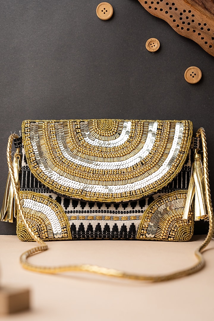 Black & Gold Jute Embroidered Clutch by NR By Nidhi Rathi