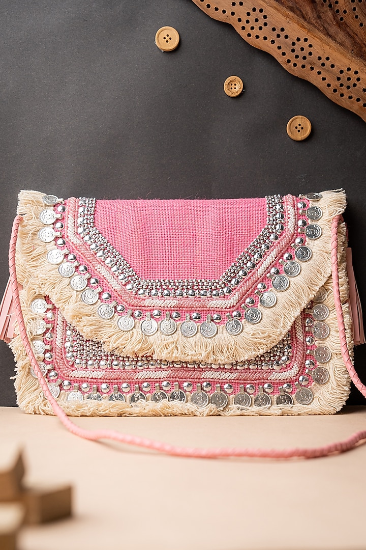 Peach & Cream Jute Embroidered Envelope Clutch by NR By Nidhi Rathi at Pernia's Pop Up Shop