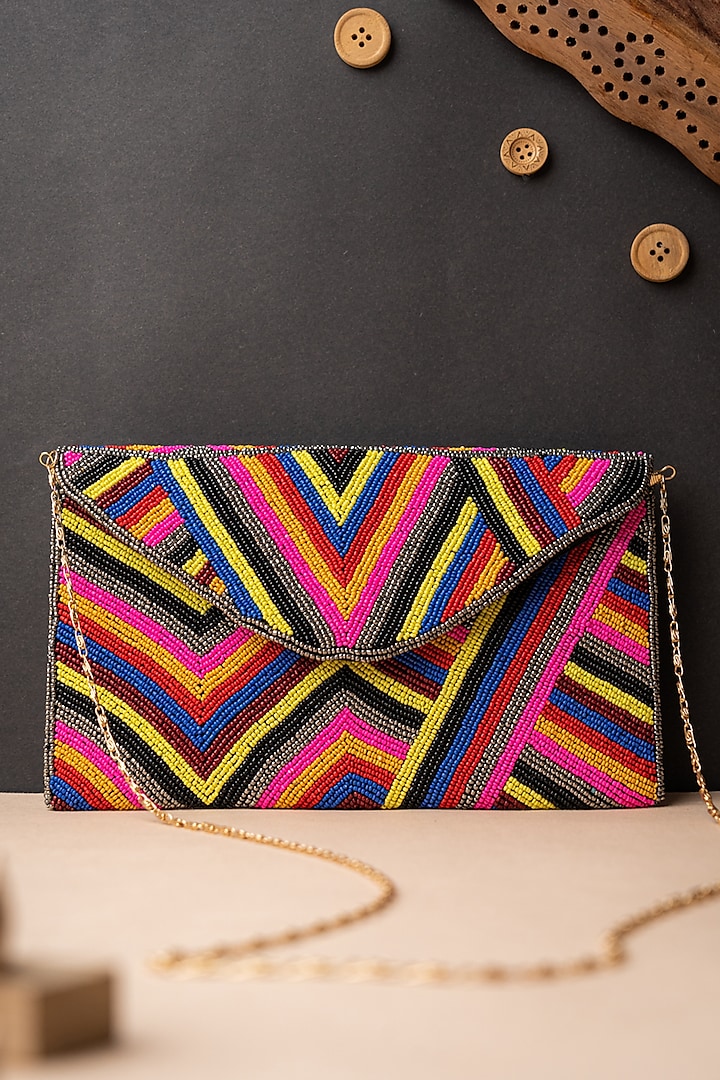 Multi-Colored Canvas Embroidered Envelope Clutch by NR By Nidhi Rathi at Pernia's Pop Up Shop