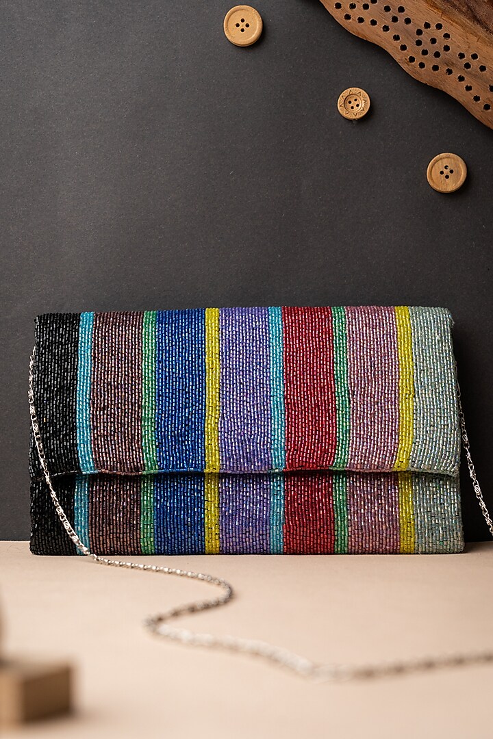 Multi-Colored Canvas Embroidered Envelope Clutch by NR By Nidhi Rathi at Pernia's Pop Up Shop