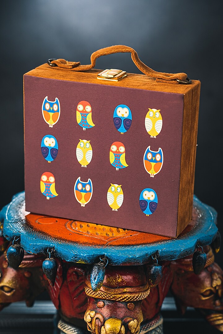 Brown Satin Printed Box Clutch by NR By Nidhi Rathi at Pernia's Pop Up Shop