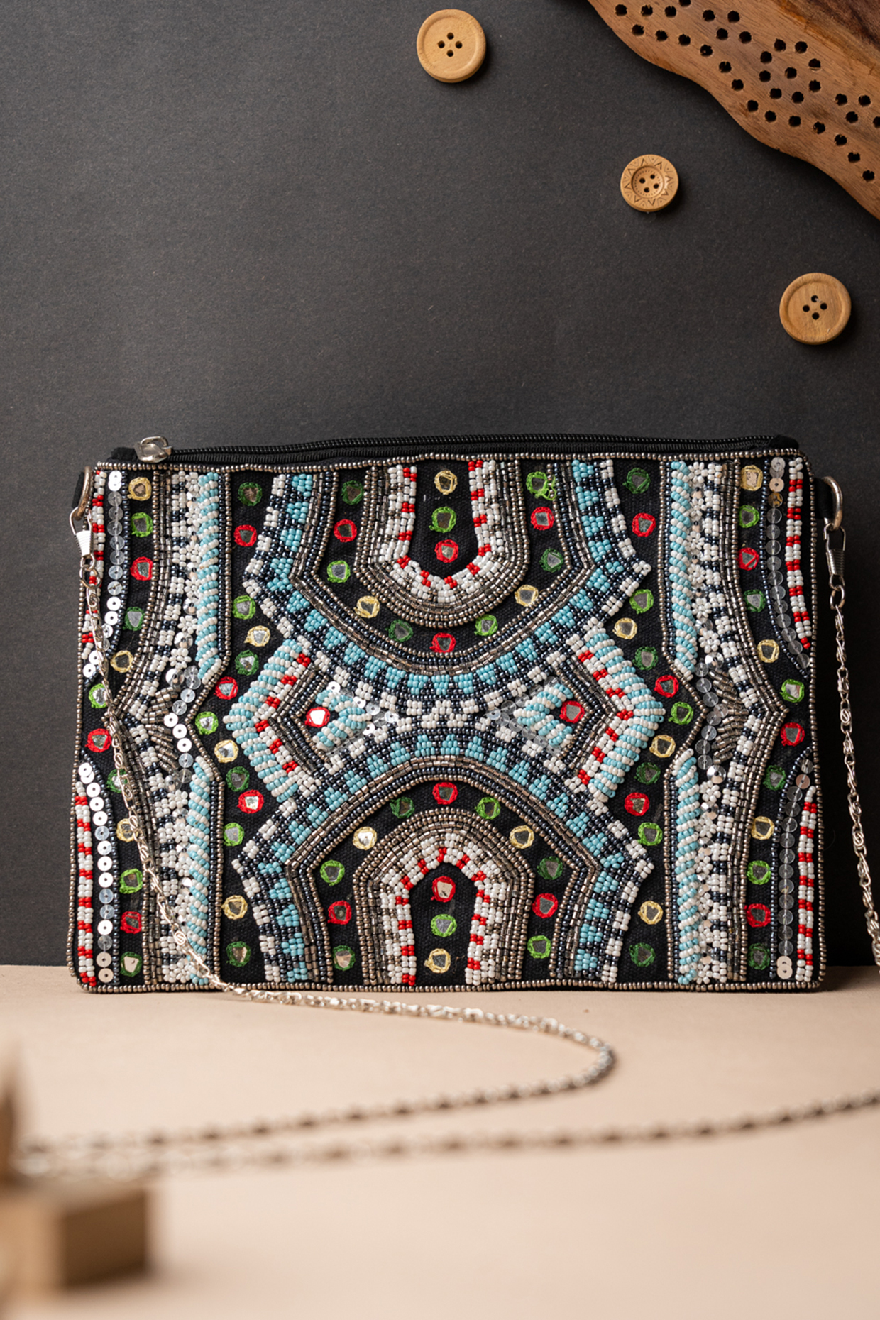 Black Canvas Embroidered Pouch by NR By Nidhi Rathi