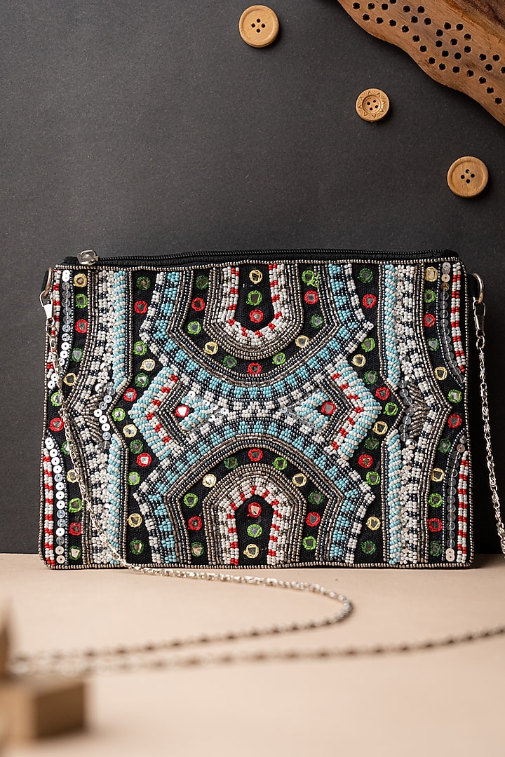 Black Canvas Embroidered Pouch by NR By Nidhi Rathi
