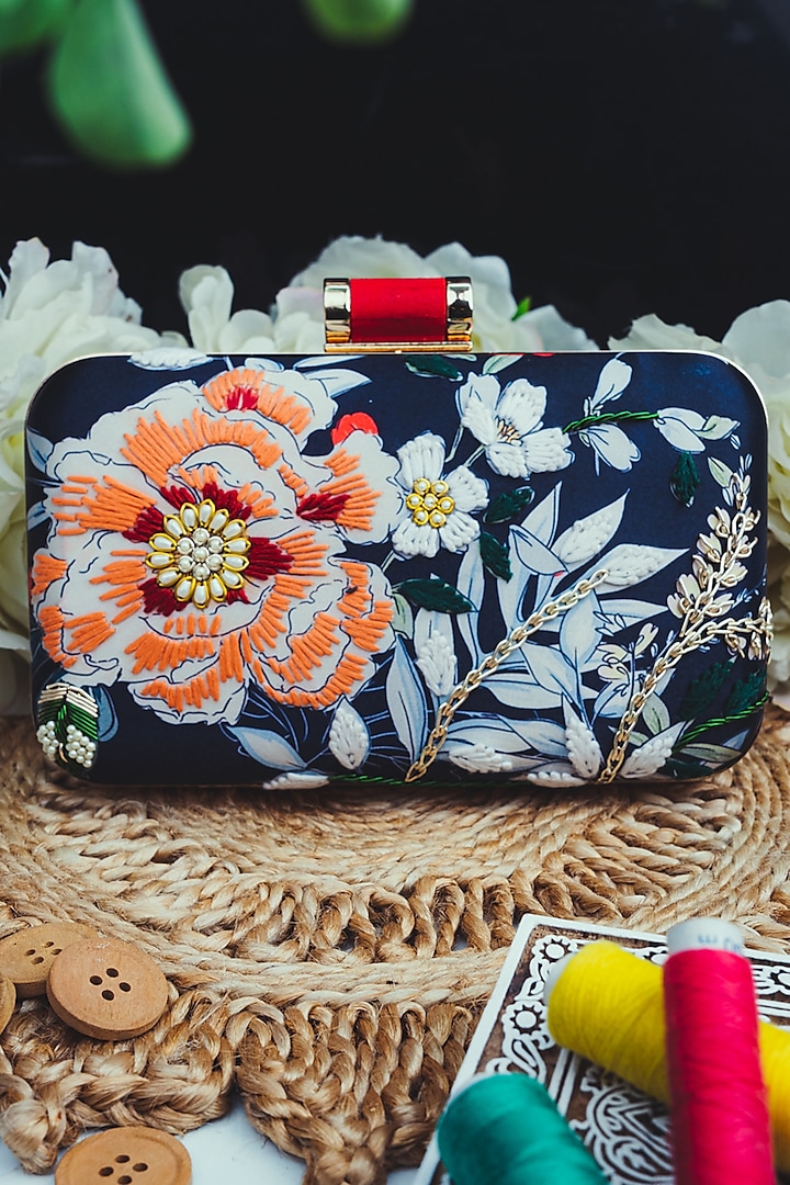 Blue & Orange Satin Embroidered Box Clutch by NR By Nidhi Rathi