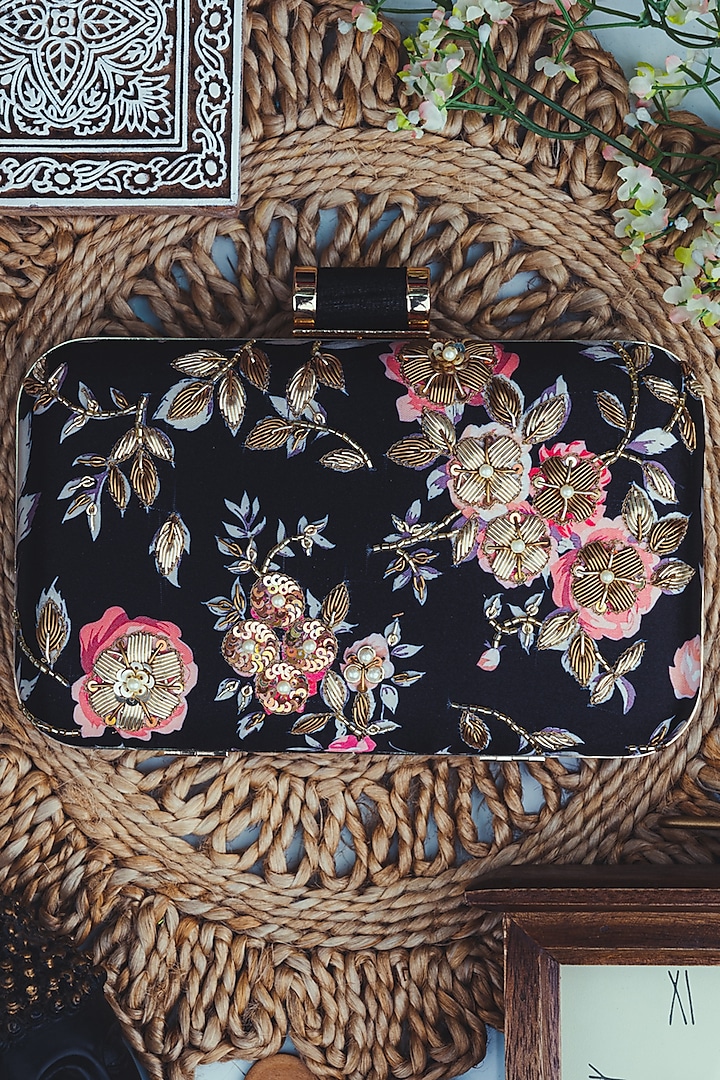 Black Satin Embroidered Box Clutch by NR By Nidhi Rathi