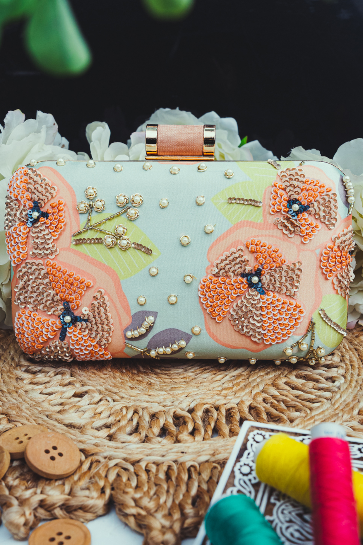 Peach Satin Embellished Box Clutch by NR By Nidhi Rathi