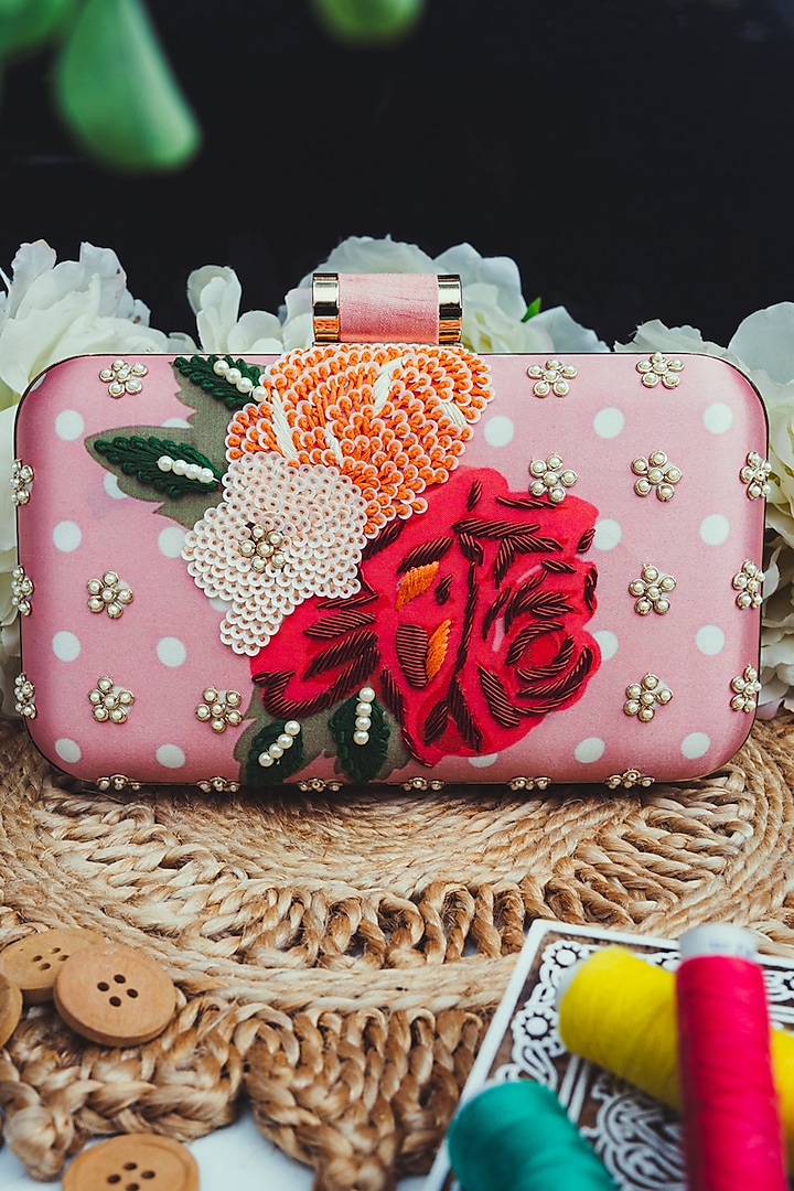 Pink Satin Embroidered Box Clutch by NR By Nidhi Rathi