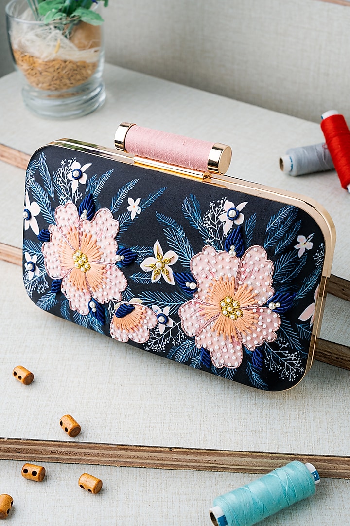 Navy Blue & Peach Satin Embroidered Box Clutch by NR By Nidhi Rathi