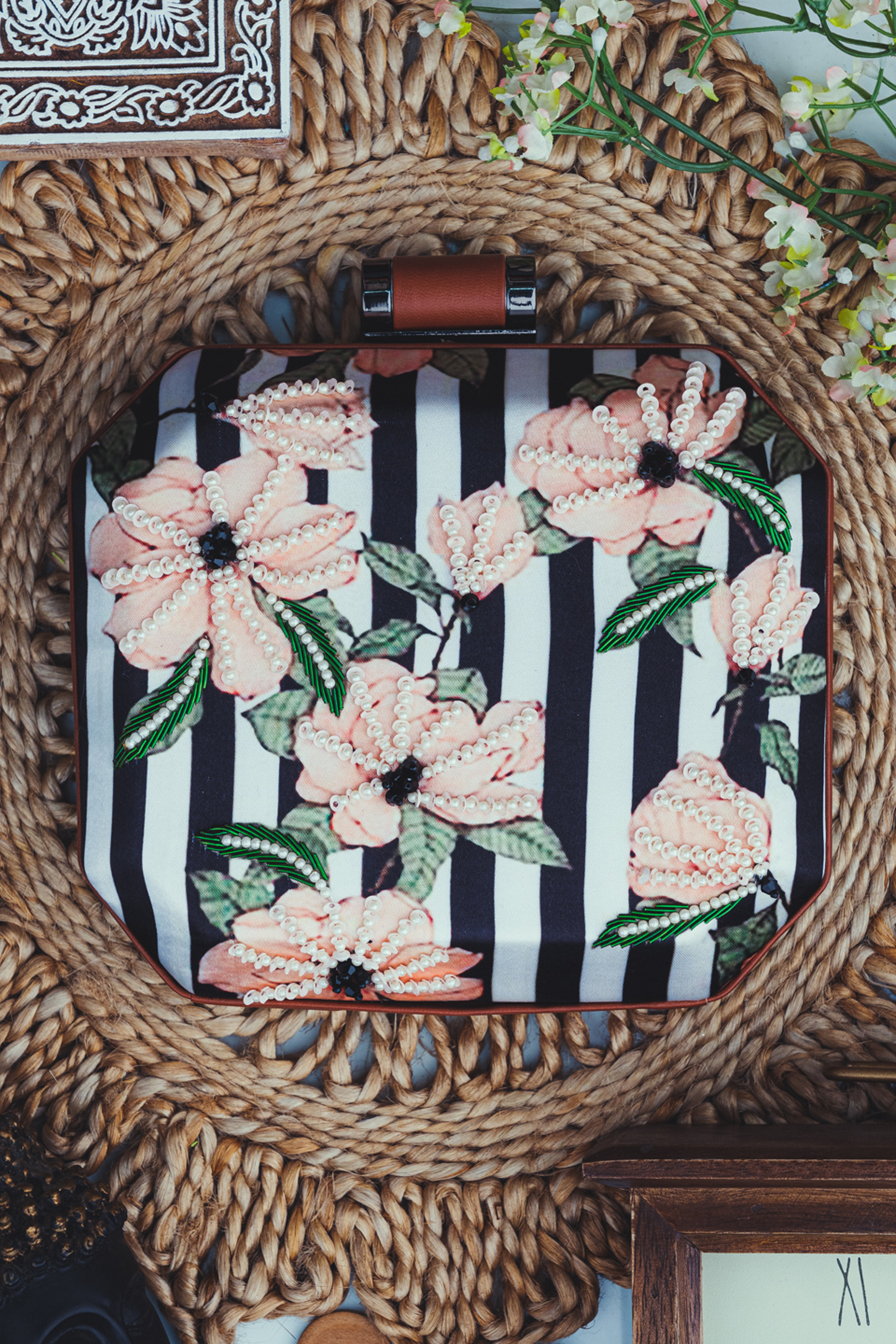 Black & White Satin Embellished Box Clutch by NR By Nidhi Rathi