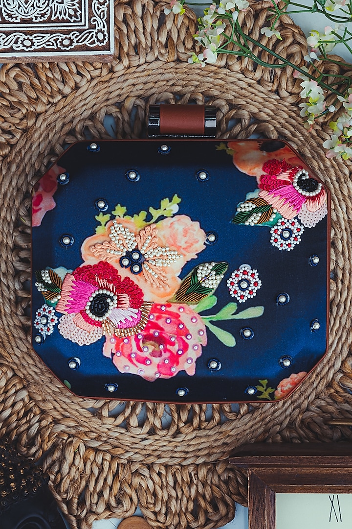 Navy Blue & Pink Satin Embroidered Box Clutch by NR By Nidhi Rathi
