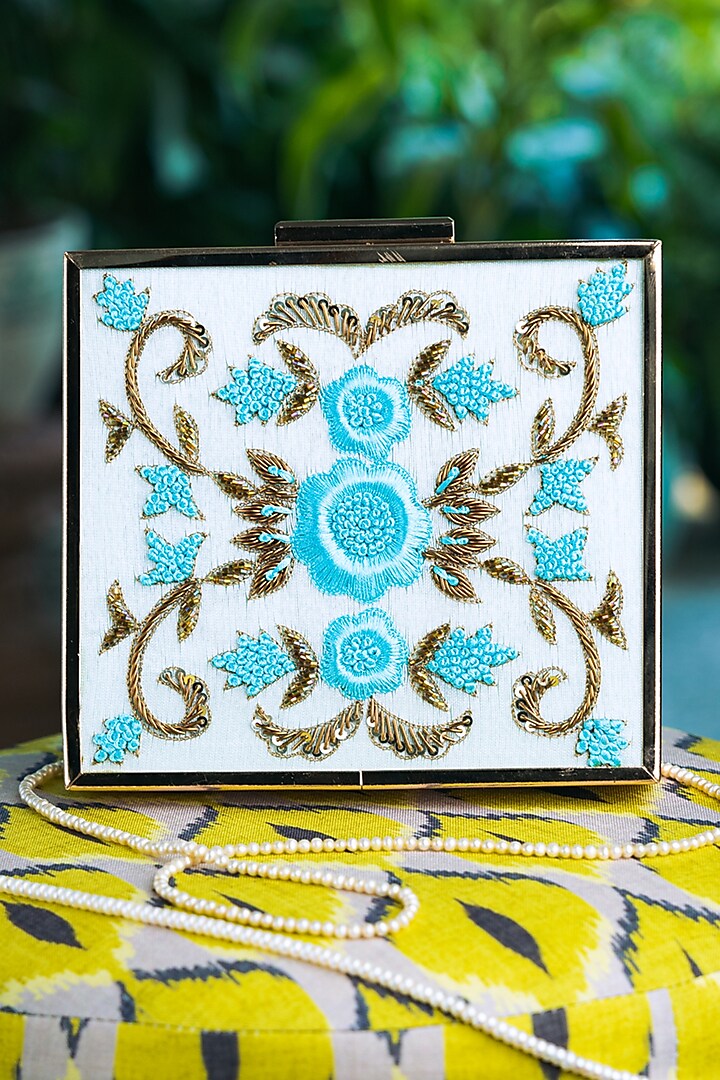 Blue & Gold Raw Silk Embroidered Box Clutch by NR By Nidhi Rathi
