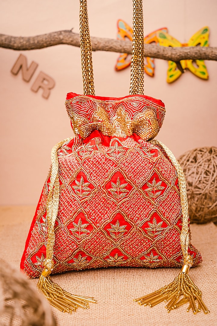 Red & Gold Raw Silk Embroidered Potli by NR By Nidhi Rathi