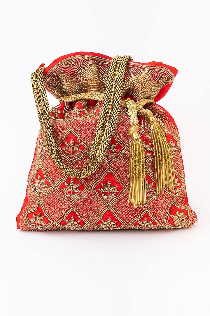 Red & Gold Raw Silk Embroidered Potli by NR By Nidhi Rathi at Pernia's Pop Up Shop