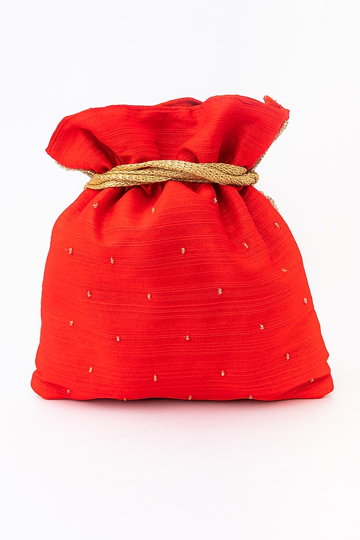Red & Gold Raw Silk Embroidered Potli by NR By Nidhi Rathi at Pernia's Pop Up Shop