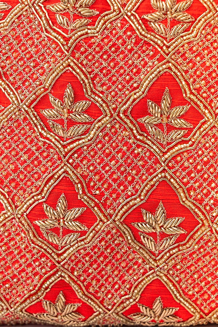 Red & Gold Raw Silk Embroidered Potli by NR By Nidhi Rathi at Pernia's Pop Up Shop