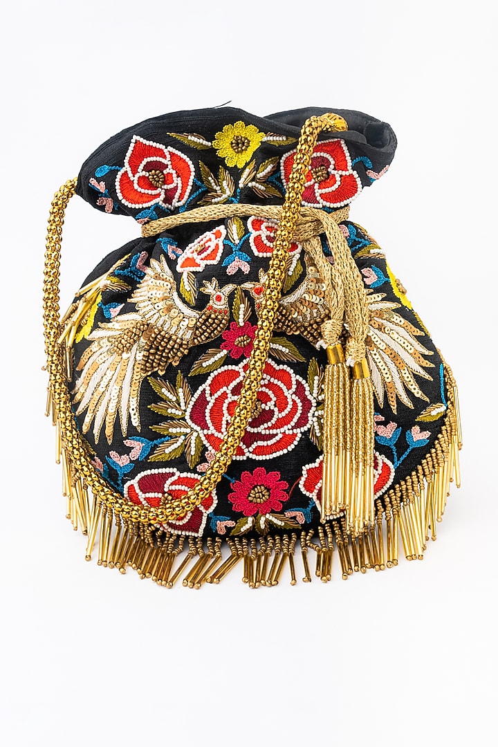 Black & Gold Raw Silk Embroidered Potli by NR By Nidhi Rathi at Pernia's Pop Up Shop