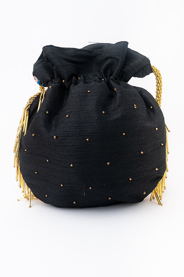 Black & Gold Raw Silk Embroidered Potli by NR By Nidhi Rathi at Pernia's Pop Up Shop
