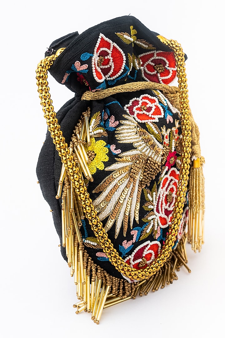 Black & Gold Raw Silk Embroidered Potli by NR By Nidhi Rathi at Pernia's Pop Up Shop