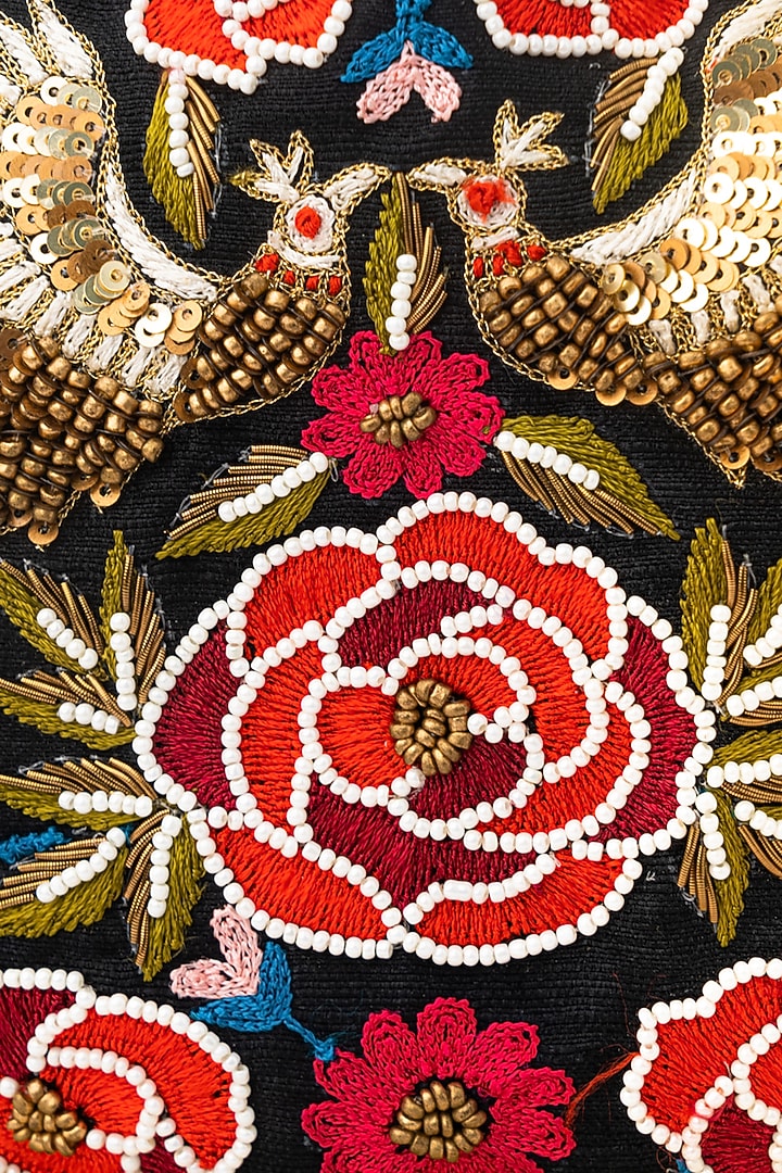 Black & Gold Raw Silk Embroidered Potli by NR By Nidhi Rathi at Pernia's Pop Up Shop