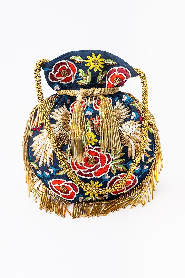 Navy Blue & Gold Raw Silk Embroidered Potli by NR By Nidhi Rathi at Pernia's Pop Up Shop