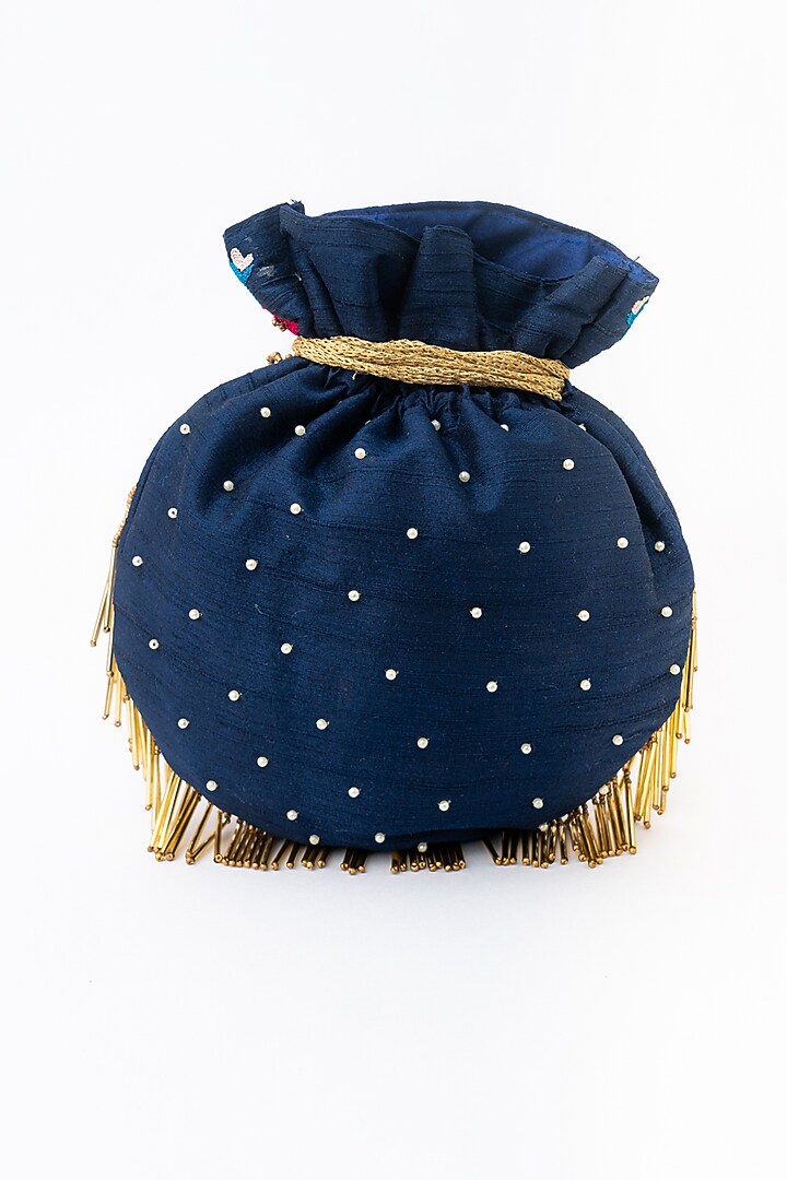 Navy Blue & Gold Raw Silk Embroidered Potli by NR By Nidhi Rathi at Pernia's Pop Up Shop