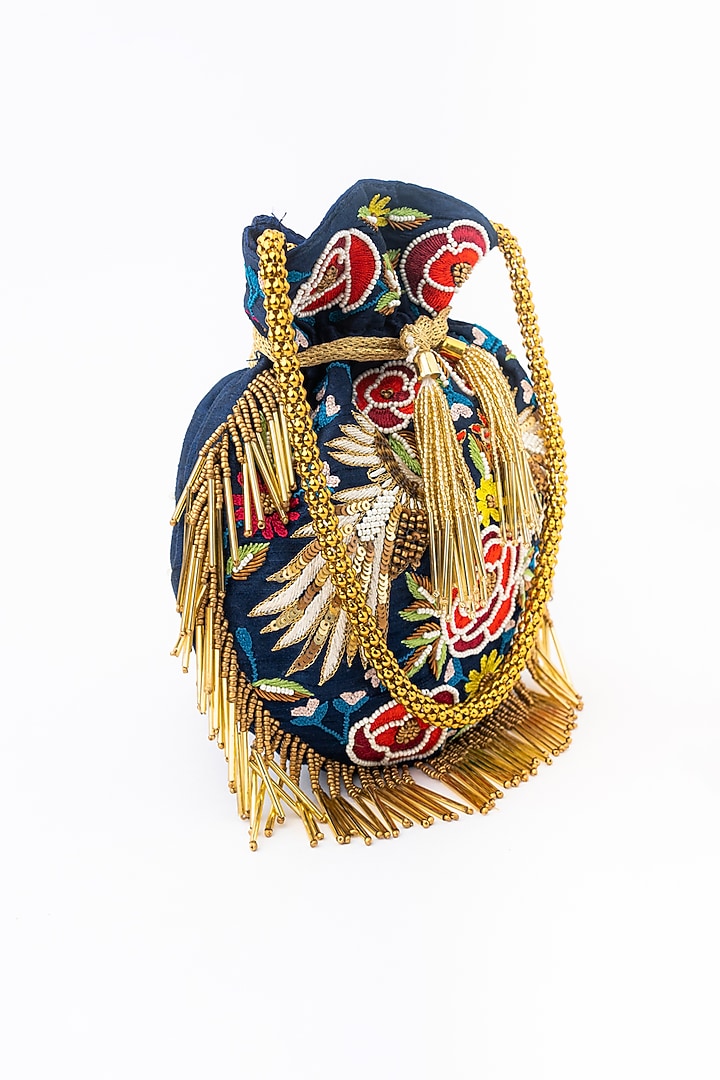 Navy Blue & Gold Raw Silk Embroidered Potli by NR By Nidhi Rathi at Pernia's Pop Up Shop