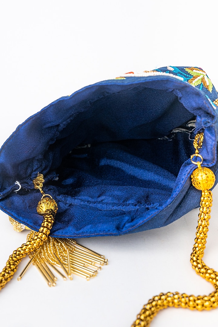 Navy Blue & Gold Raw Silk Embroidered Potli by NR By Nidhi Rathi at Pernia's Pop Up Shop