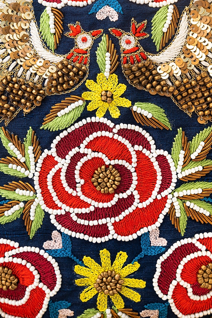 Navy Blue & Gold Raw Silk Embroidered Potli by NR By Nidhi Rathi at Pernia's Pop Up Shop