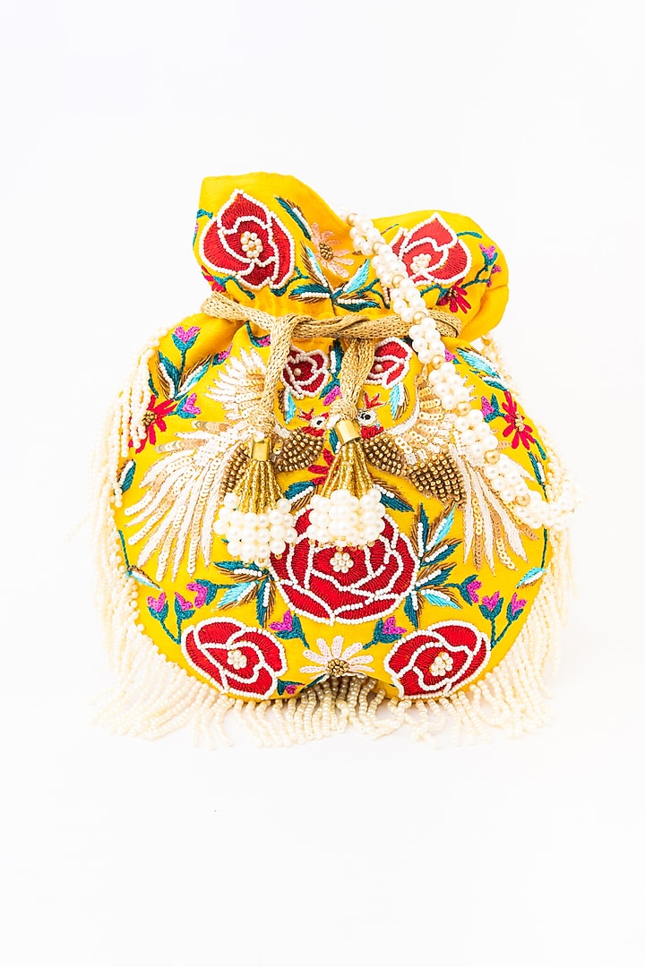 Yellow & Red Raw Silk Embroidered Potli by NR By Nidhi Rathi at Pernia's Pop Up Shop