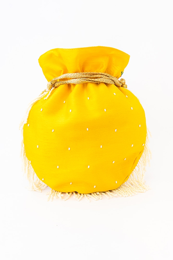 Yellow & Red Raw Silk Embroidered Potli by NR By Nidhi Rathi at Pernia's Pop Up Shop