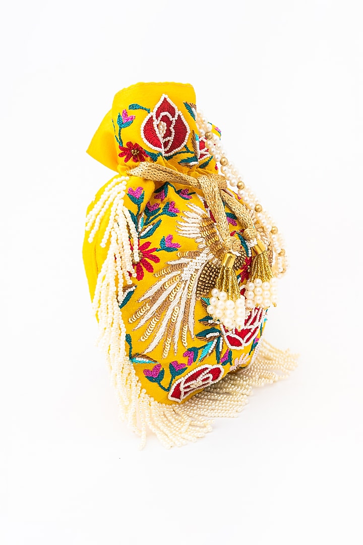 Yellow & Red Raw Silk Embroidered Potli by NR By Nidhi Rathi at Pernia's Pop Up Shop
