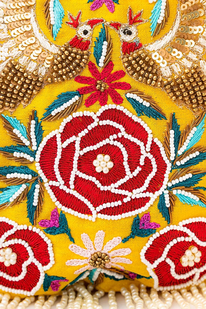 Yellow & Red Raw Silk Embroidered Potli by NR By Nidhi Rathi at Pernia's Pop Up Shop