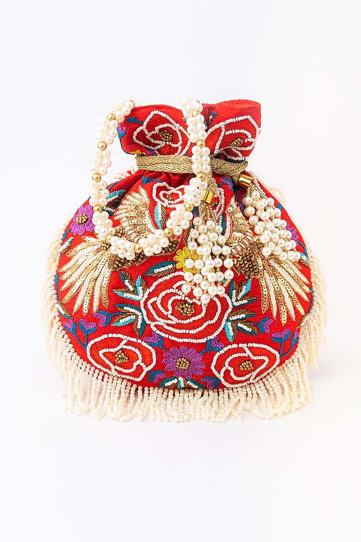 Red & White Raw Silk Embroidered Potli by NR By Nidhi Rathi at Pernia's Pop Up Shop