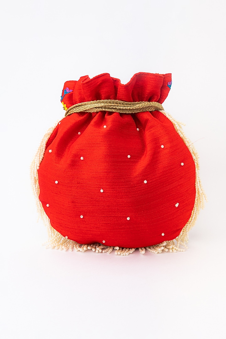 Red & White Raw Silk Embroidered Potli by NR By Nidhi Rathi at Pernia's Pop Up Shop