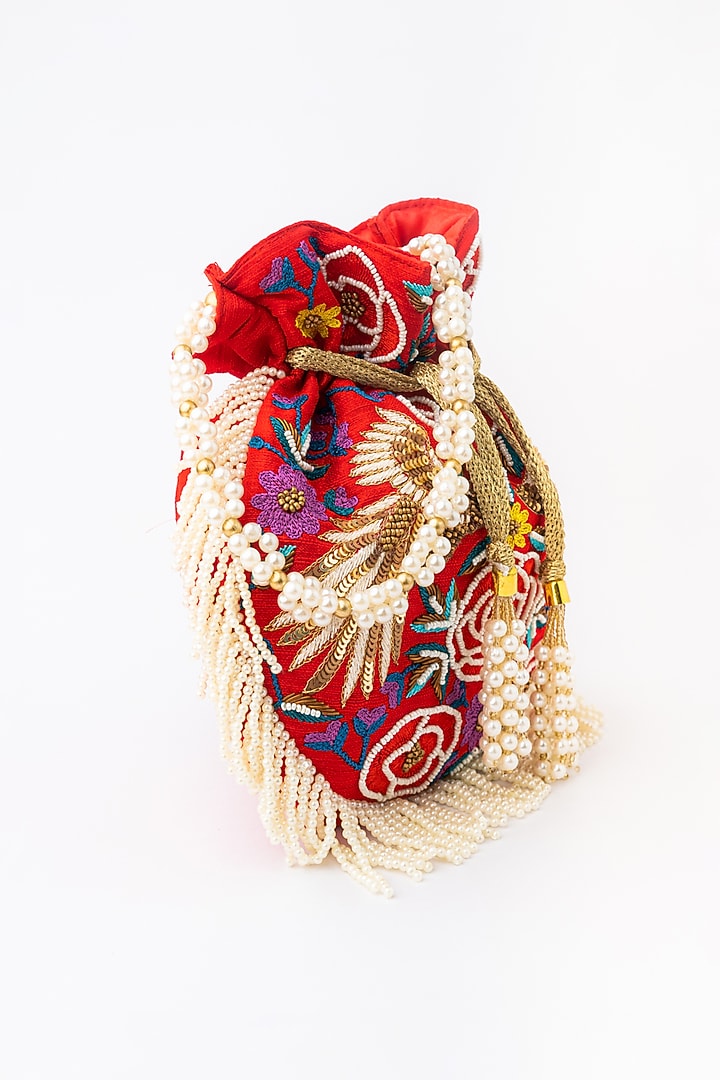 Red & White Raw Silk Embroidered Potli by NR By Nidhi Rathi at Pernia's Pop Up Shop