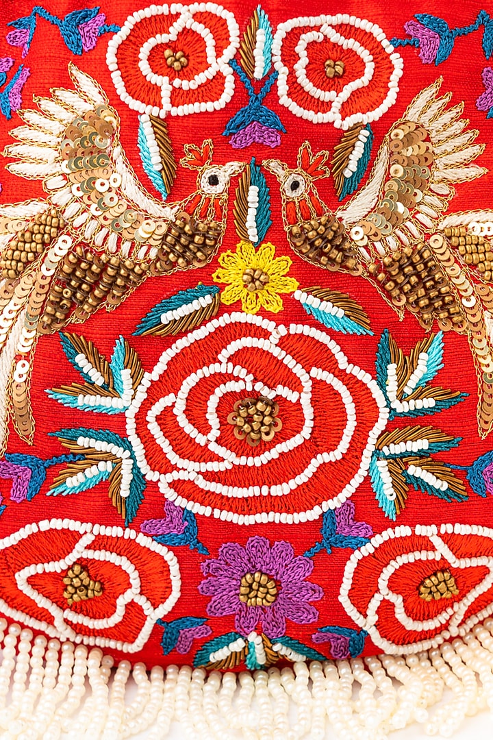 Red & White Raw Silk Embroidered Potli by NR By Nidhi Rathi at Pernia's Pop Up Shop