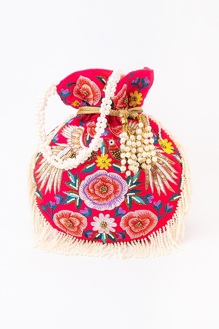 Pink & Purple Raw Silk Embroidered Potli by NR By Nidhi Rathi at Pernia's Pop Up Shop
