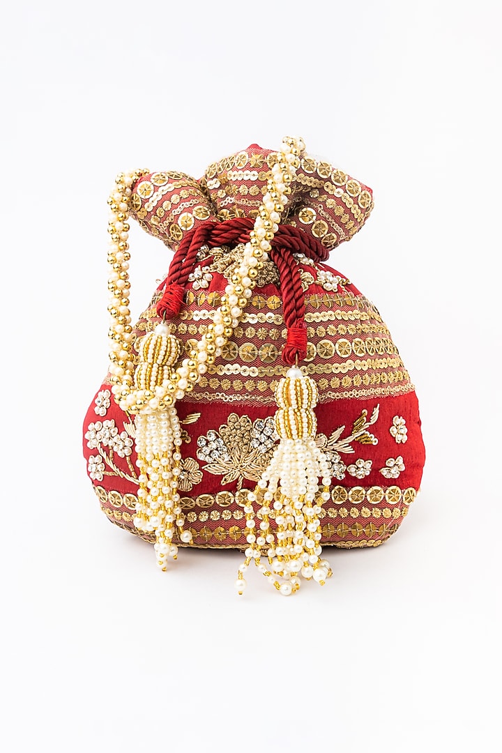 Maroon & Gold Raw Silk Embroidered Potli by NR By Nidhi Rathi at Pernia's Pop Up Shop