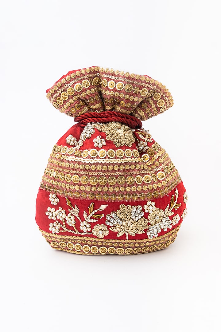 Maroon & Gold Raw Silk Embroidered Potli by NR By Nidhi Rathi at Pernia's Pop Up Shop