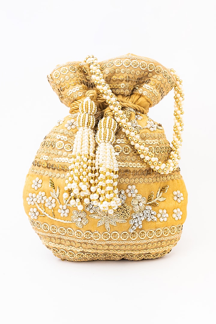 Gold & White Raw Silk Embroidered Potli by NR By Nidhi Rathi at Pernia's Pop Up Shop