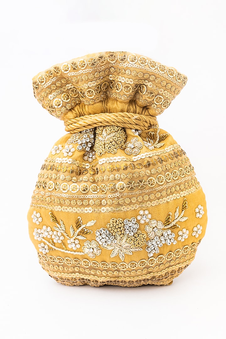 Gold & White Raw Silk Embroidered Potli by NR By Nidhi Rathi at Pernia's Pop Up Shop